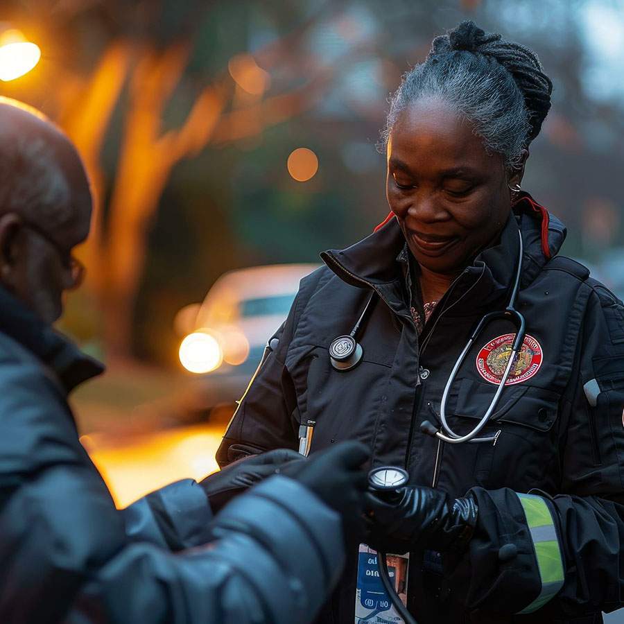 two paramedics a man and a woman talking