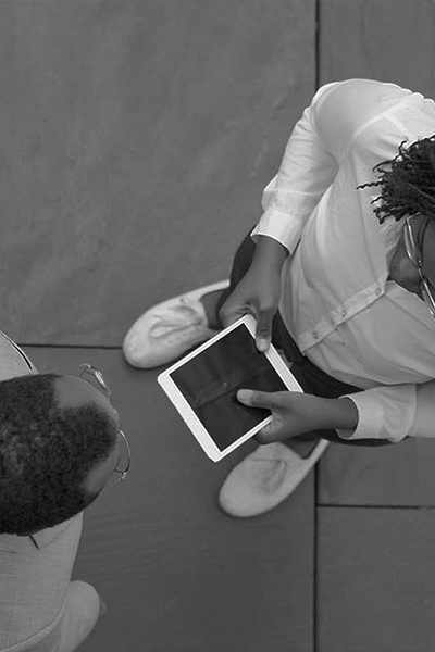 aerial view couple with tablet talking