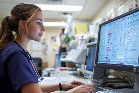 A healthcare professional in a blue uniform types on a computer in a busy hospital setting.